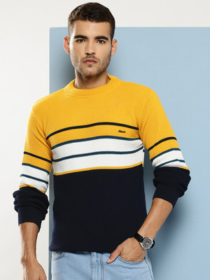 Roadster Striped Round Neck Casual Men Yellow Sweater