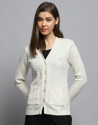 MONTE CARLO Self Design V Neck Casual Women White Sweater
