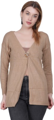 Pollo Loco Solid V Neck Casual Women Beige Sweater