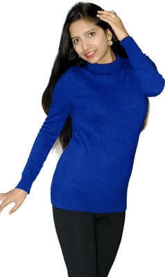 Farlucci Solid High Neck Casual Women Blue Sweater