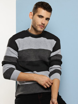 Aarika Striped Round Neck Casual Men Grey Sweater