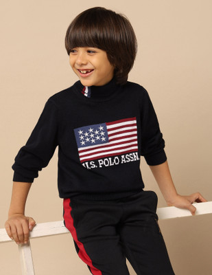 U.S. POLO ASSN. Printed Round Neck Casual Baby Boys Blue Sweater