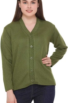 RAJ Self Design V Neck Casual Women Green Sweater