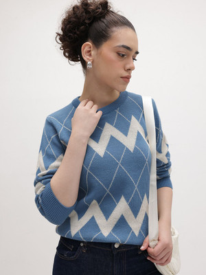 Roadster Self Design Round Neck Casual Women Blue Sweater