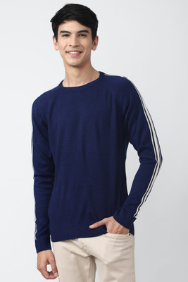 PETER ENGLAND Striped Round Neck Casual Men Blue Sweater