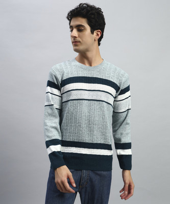 Cluzive Self Design Round Neck Casual Men Light Green Sweater