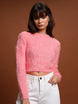Tokyo Talkies Solid Round Neck Casual Women Pink Sweater