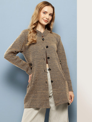 Roadster Self Design Collared Neck Casual Women Beige Sweater