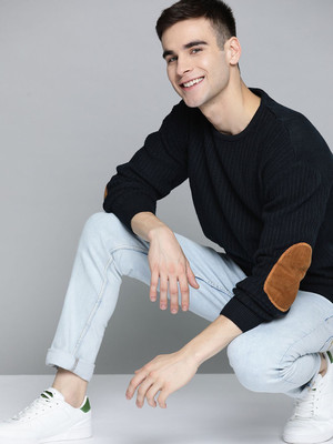 Mast & Harbour Self Design Round Neck Casual Men Dark Blue Sweater