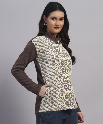 QUIN FLETCHER Printed Mandarin Neck Casual Women Brown Sweater