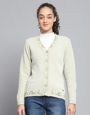 MONTE CARLO Self Design V Neck Casual Women Green Sweater