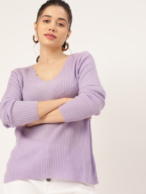 Dressberry Solid V Neck Casual Women Purple Sweater