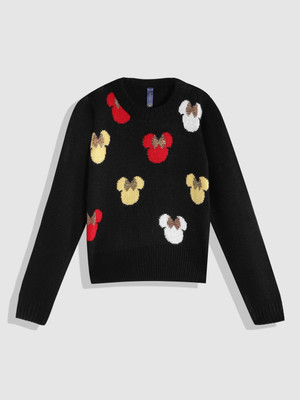 Yk Printed Round Neck Casual Girls Black Sweater