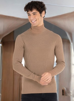 VIOUR Solid Turtle Neck Casual Men Beige Sweater