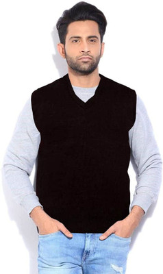 Parth Fashion Solid V Neck Casual Men Black Sweater