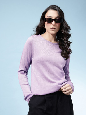 kasam Solid Round Neck Casual Women Purple Sweater