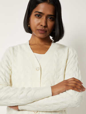 MAX Solid Round Neck Casual Women Beige Sweater