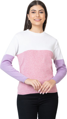 KVETOO Striped Round Neck Casual Women Pink, White Sweater