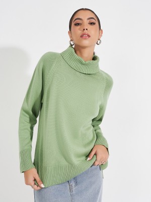 Styli Self Design Turtle Neck Casual Women Green Sweater