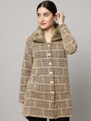 eWools Self Design Collared Neck Casual Women Gold Sweater