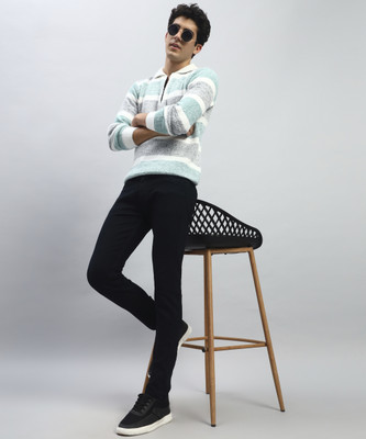 Cluzive Striped Collared Neck Casual Men Green, White, Grey Sweater