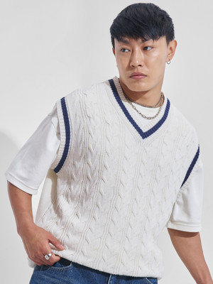 HIGHLANDER Solid V Neck Casual Men White Sweater