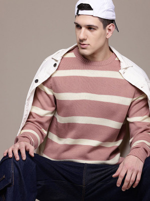 Roadster Striped Round Neck Casual Men Pink Sweater