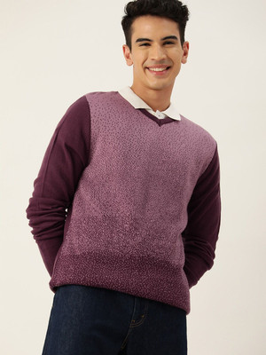 Mast & Harbour Printed V Neck Casual Men Brown Sweater
