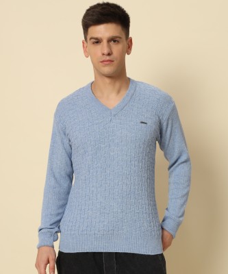 SILVANUS Solid V Neck Casual Men Light Blue Sweater