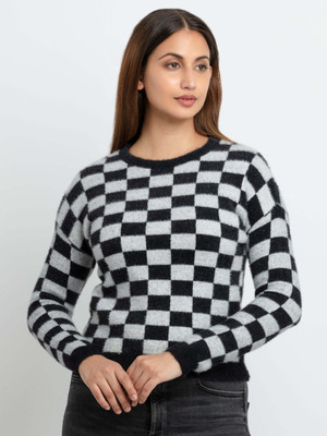 Status Quo Colorblock, Checkered Round Neck Casual Women Black Sweater
