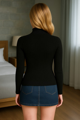 SKG Printed High Neck Casual Women Black Sweater