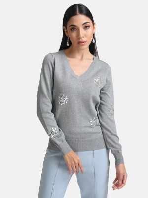 KAZO Embroidered V Neck Casual Women Grey Sweater