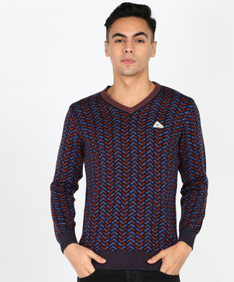 MONTE CARLO Self Design V Neck Casual Men Brown Sweater