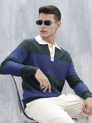 WROGN Colorblock, Self Design Collared Neck Casual Men Blue Sweater