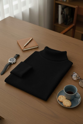 trendbite Solid High Neck Casual Men Black Sweater