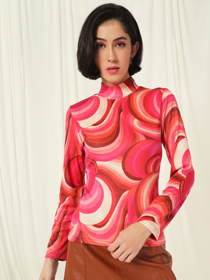 TANDUL Printed High Neck Casual Women Pink Sweater