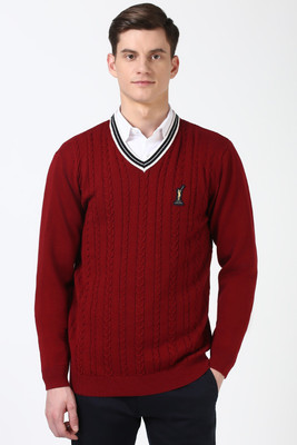 PETER ENGLAND Solid V Neck Casual Men Red Sweater