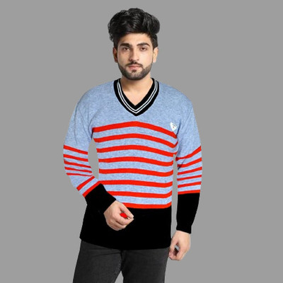 Sanzzy Solid V Neck Casual Men Light Blue, Red Sweater