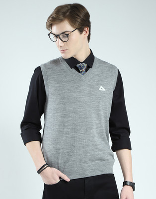 MONTE CARLO Self Design V Neck Casual Men Grey Sweater