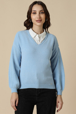 Allen Solly Self Design V Neck Casual Women Blue Sweater