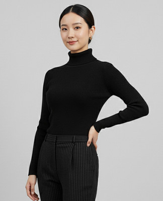 LIME Solid Turtle Neck Casual Women Black Sweater
