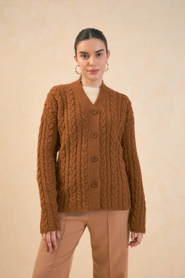 SALT ATTIRE Solid V Neck Formal Women Brown Sweater