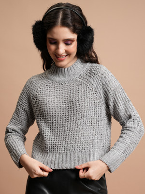 Tokyo Talkies Self Design High Neck Casual Women Grey Sweater