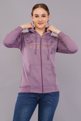 CURIOUS FASHION Printed Hooded Neck Casual Women Purple Sweater