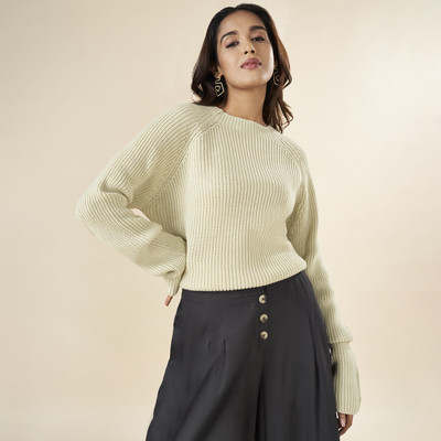 Akkriti by Pantaloons Solid High Neck Casual Women White Sweater