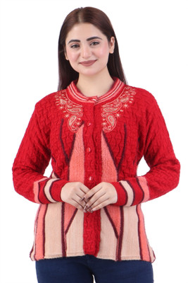 Frankfurt Printed V Neck Casual Women Red Sweater