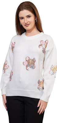 GFO Printed Round Neck Casual Women White Sweater