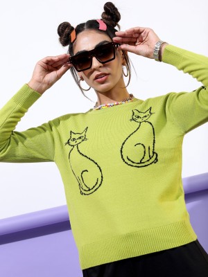 Tokyo Talkies Printed Round Neck Casual Women Green, Black Sweater