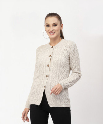KALT Self Design Round Neck Casual Women Beige Sweater