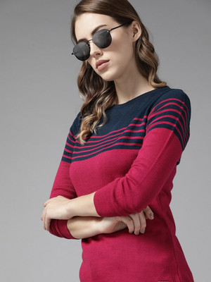 Roadster Striped Round Neck Casual Women Pink Sweater